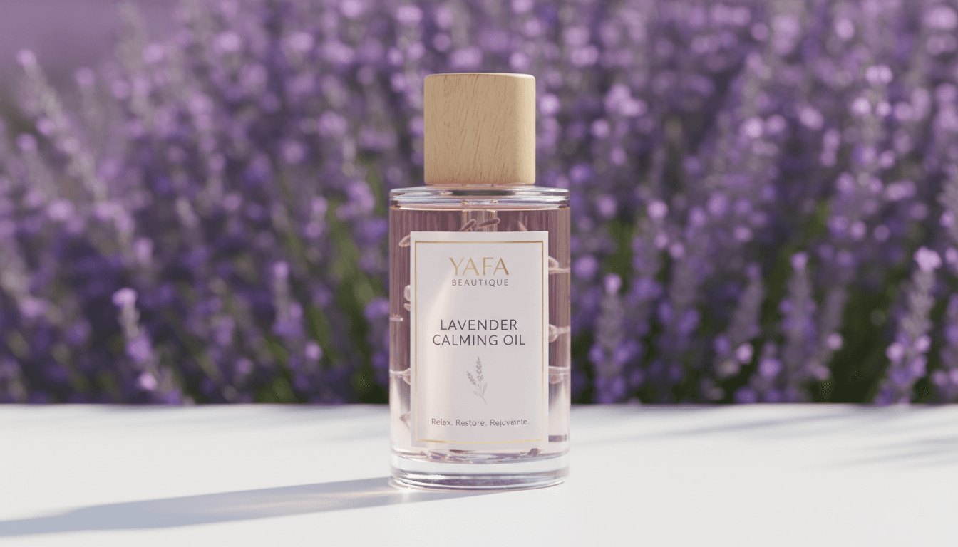 Bottle of lavender calming oil on a white surface with lavender blossoms in the background.