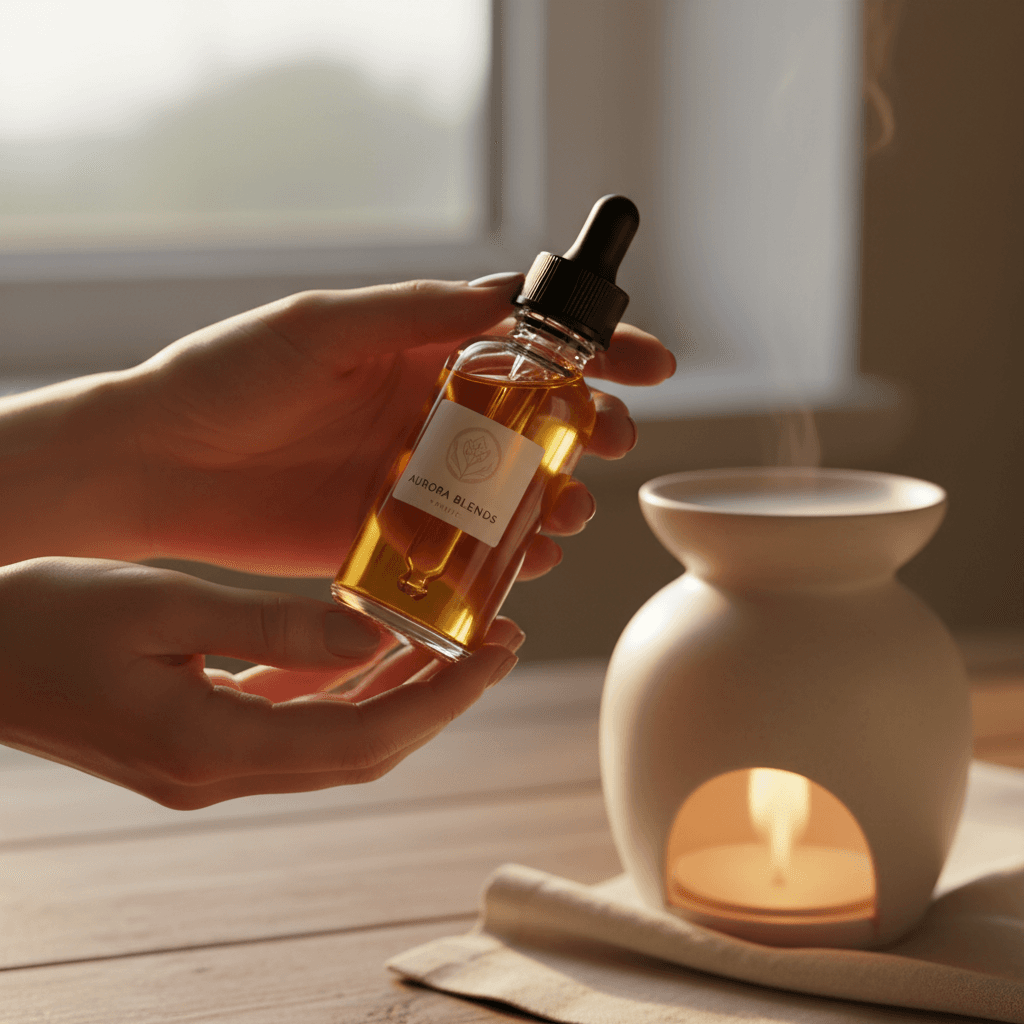 Close-up of hands holding premium amber essential oil bottle with lit diffuser lamp softly glowing in background