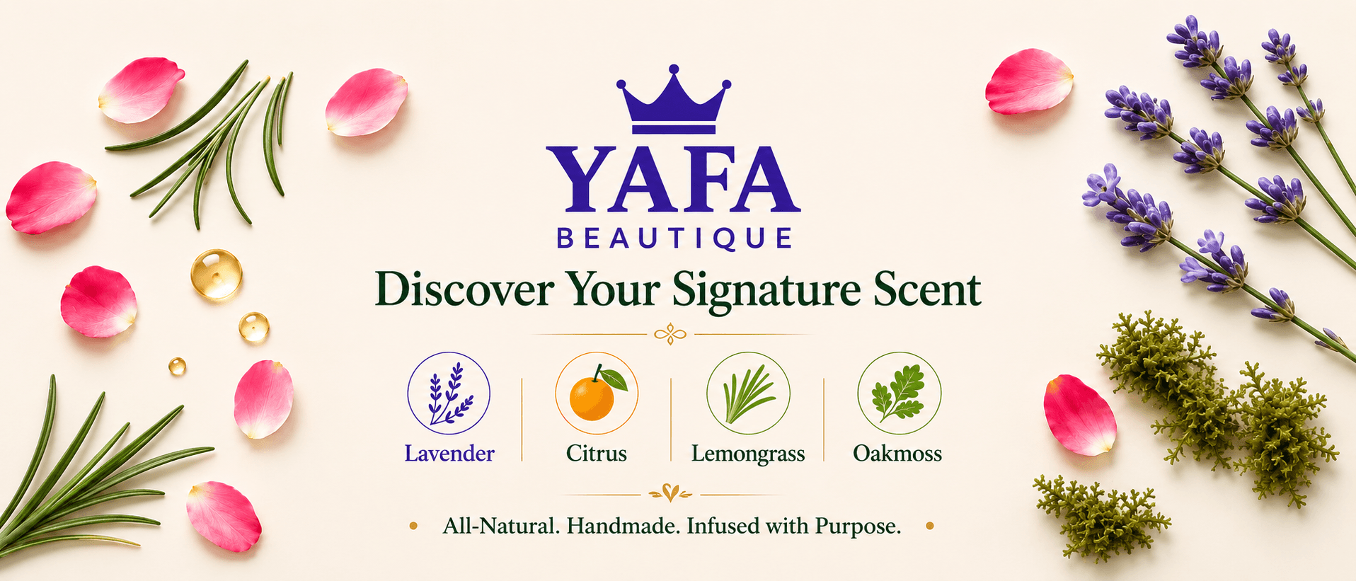YAFA BEAUTIQUE banner featuring lavender, citrus, lemongrass, and oakmoss scents surrounded by botanical elements.